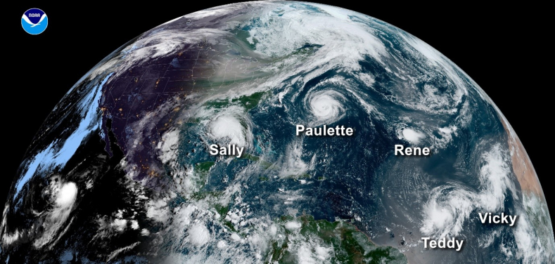 This GOES-16 satellite image from the National Oceanic and Atmospheric Administration (NOAA), taken on September 14, 2020, shows five active tropical systems spinning in the Atlantic basin at one time. From the left: Hurricane Sally in the Gulf of Mexico, Hurricane Paulette east of the Carolinas, the remnants of Tropical Storm Rene in the central Atlantic, and Tropical Storms Teddy and Vicky in the eastern Atlantic. A total of 10 named storms formed in September 2020 — the highest number ever recorded in a single month. Image courtesy of NOAA.